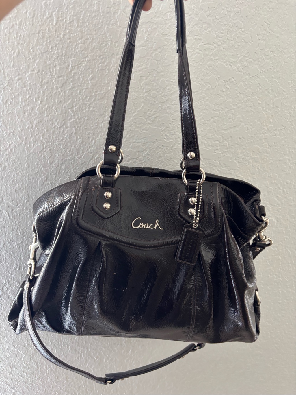 Coach Black Patent Leather Shoulder Bag With Silver Hardware